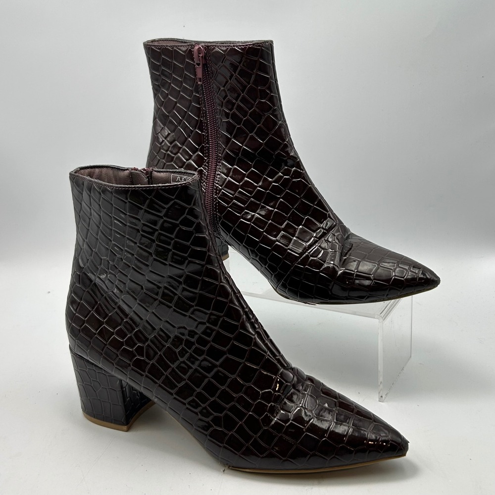 Sugar Ankle Boots Womens 8.5 Burgundy Croc Embossed Patent Pointed Toe Goth Mob